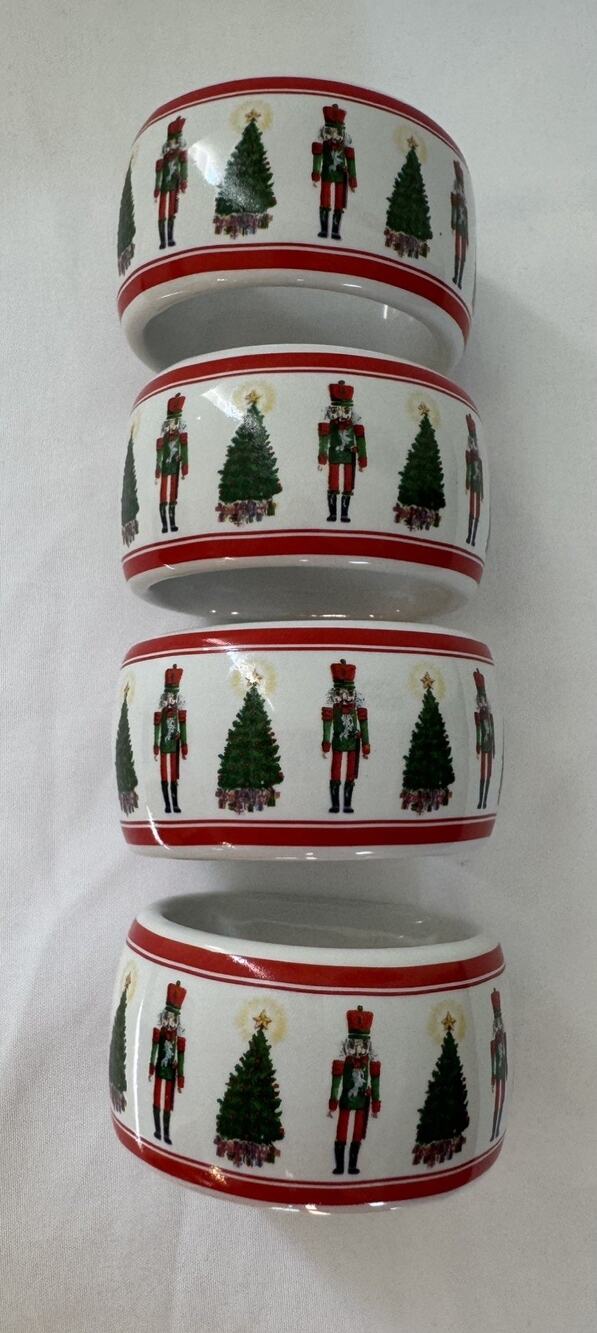 Christmas Napkin Rings Set of 4 Nutcracker Tree Holiday Porcelain Red Green